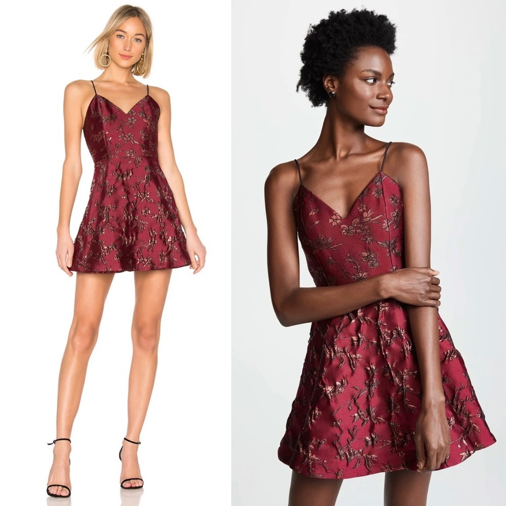 ALICE OLIVIA Burgundy Floral Jacquard Satin‎ V-Neck Sleeveless Fit Flare Dress 6
